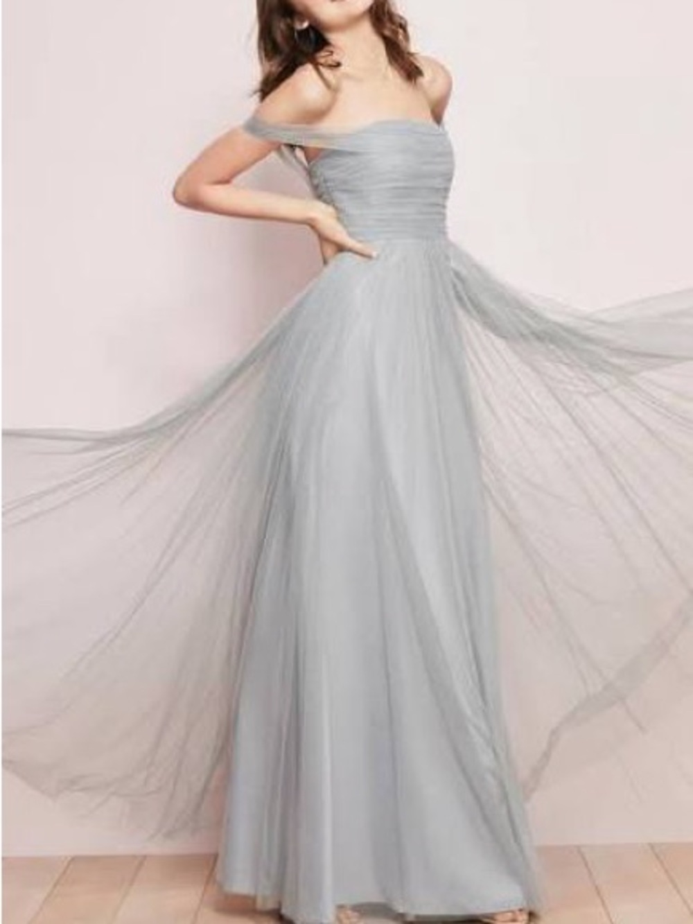 Wtoo by Watters Off-Shoulder Light Gray Tulle Evening Dress - Picture 1 of 4